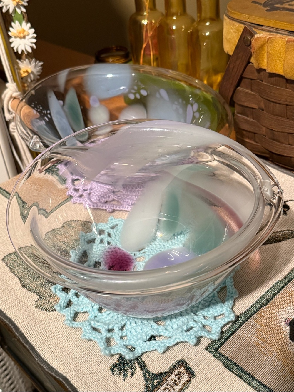 Vintage Hand-Blown Murano Style Pastel Swirl Art Glass Bowls (Set of 2)